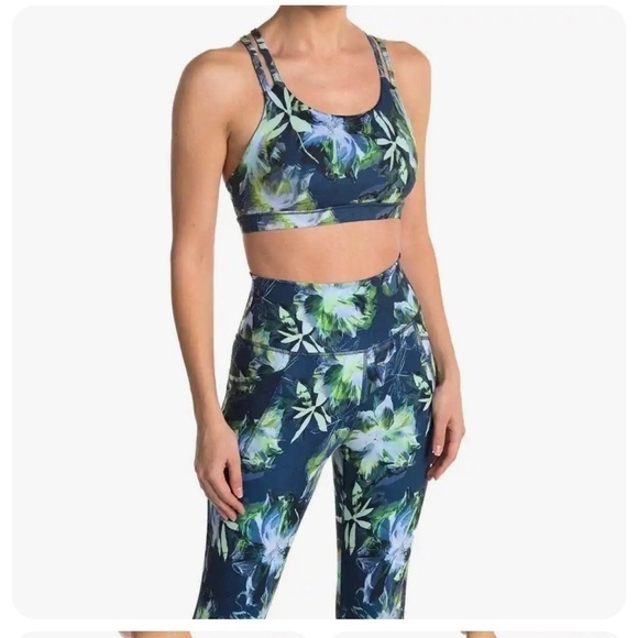 𝅺x by Gottex Crisscross Strap Sports Bra XS Dark Floral Strappy Blue/Green NWT - Picture 2 of 5